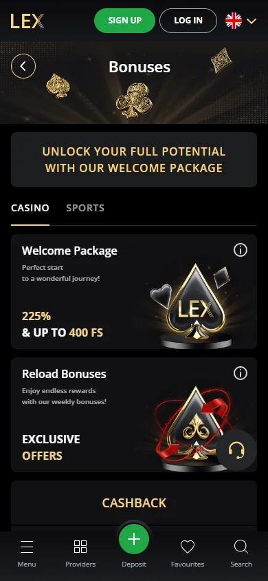 Lex Casino mobile promotions with welcome and reload offers
