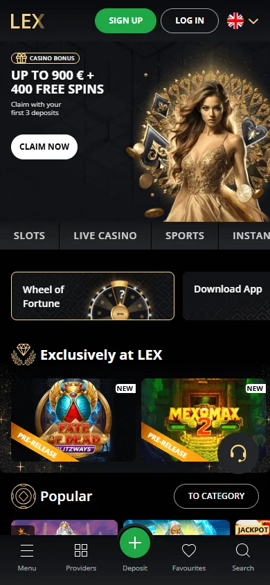 Lex Casino mobile home with casino and sportsbook access