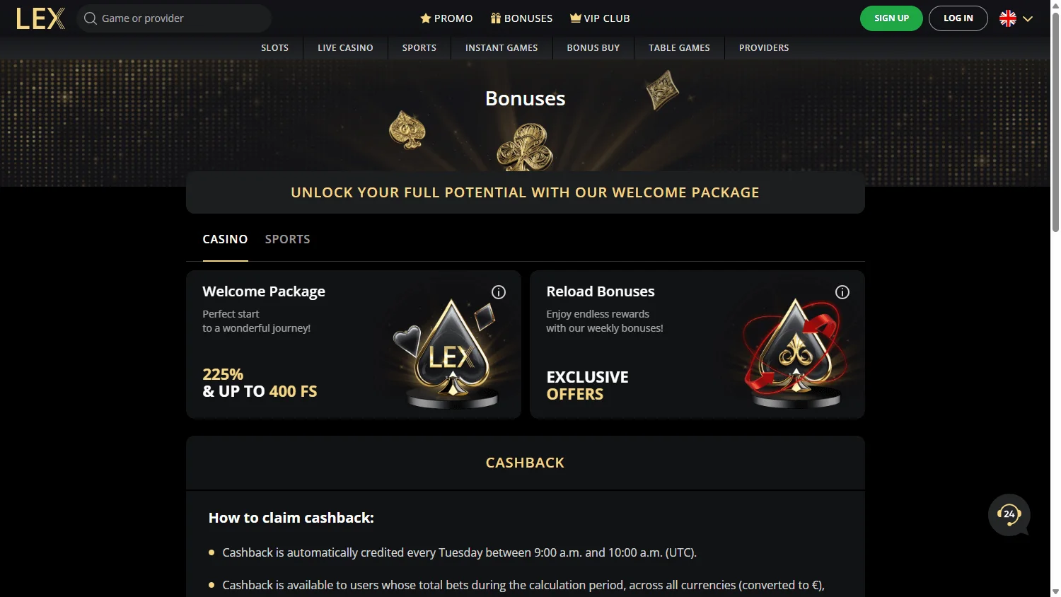 Lex Casino desktop promotions with welcome and ongoing offers