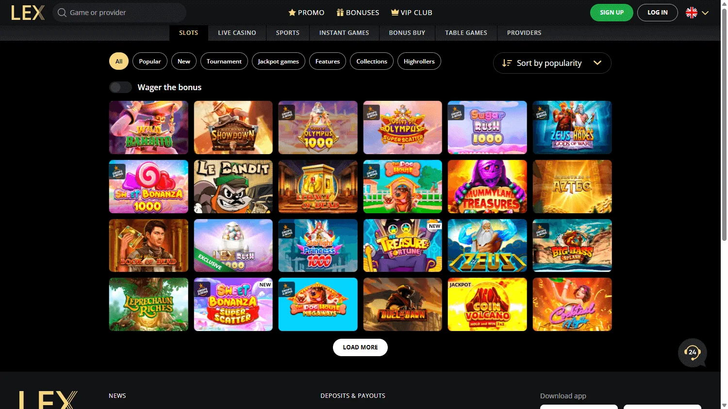 Lex Casino desktop games catalogue with casino titles