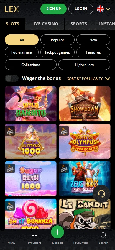 Lex Casino mobile games catalogue with slots and casino categories